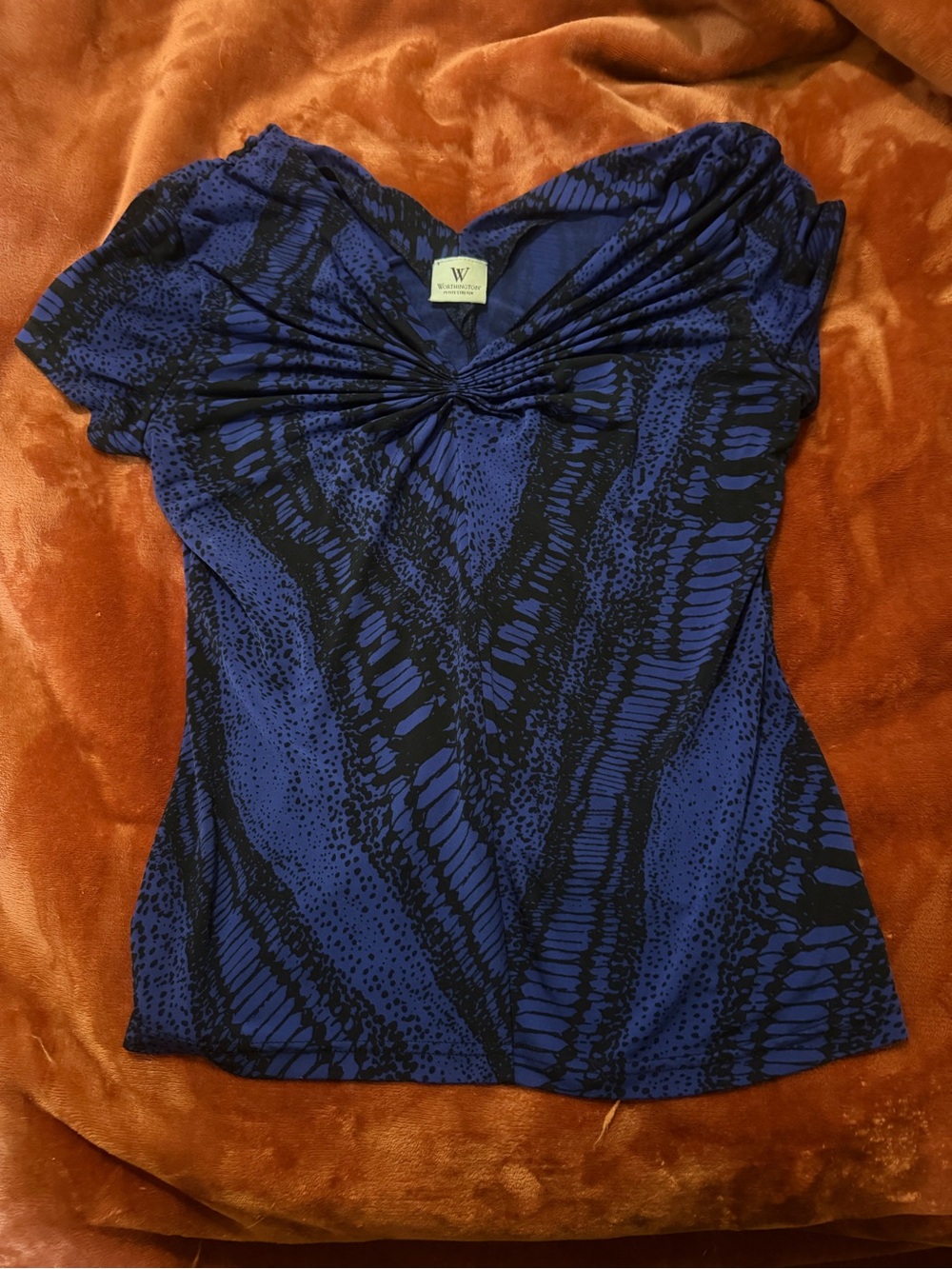 Worthington Blue & Black Twist-Front Short Sleeve Top
